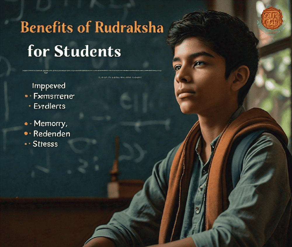 An infographic illustrating the benefits of Rudraksha for students, including improved focus, memory, and reduced stress